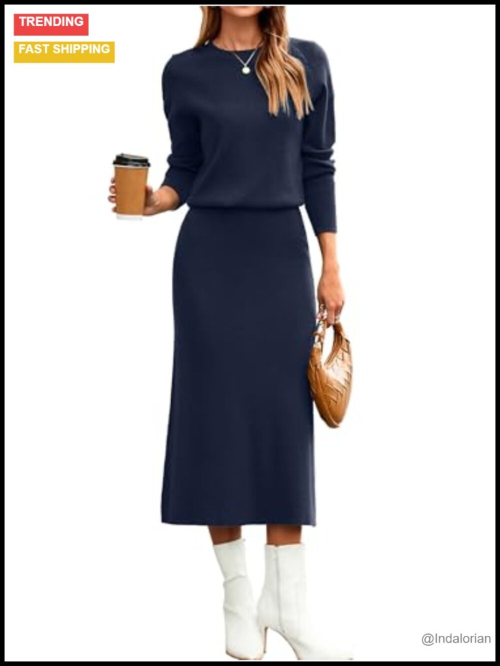 Knit Sweater Skirt Set Long Sleeve Crewneck Midi Skirt 2 Piece Outfit